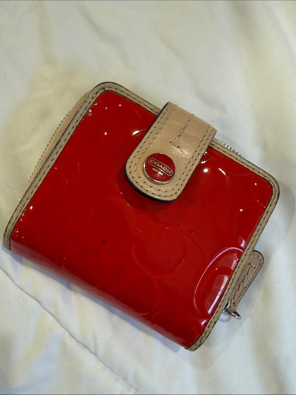 Coach Red Patent Compact Wallet with Cream Trim